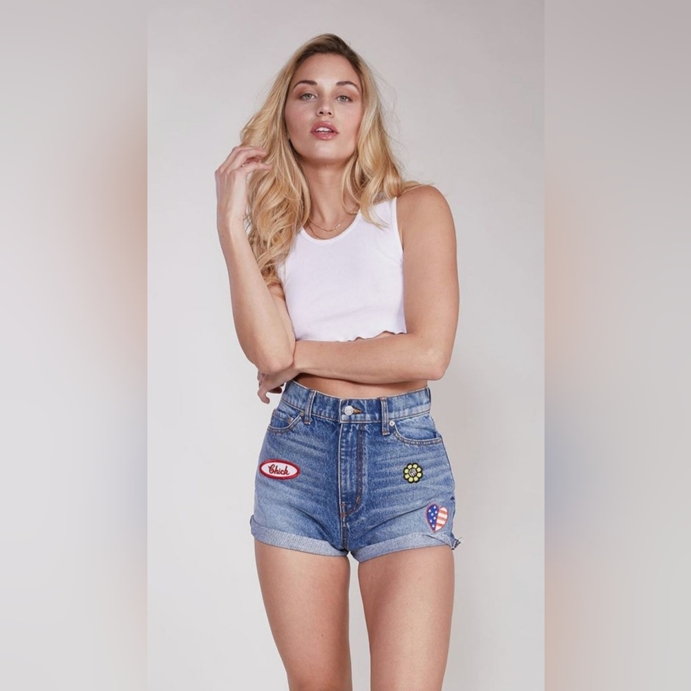 REVICE Blue High Waist Women Shorts with Patches